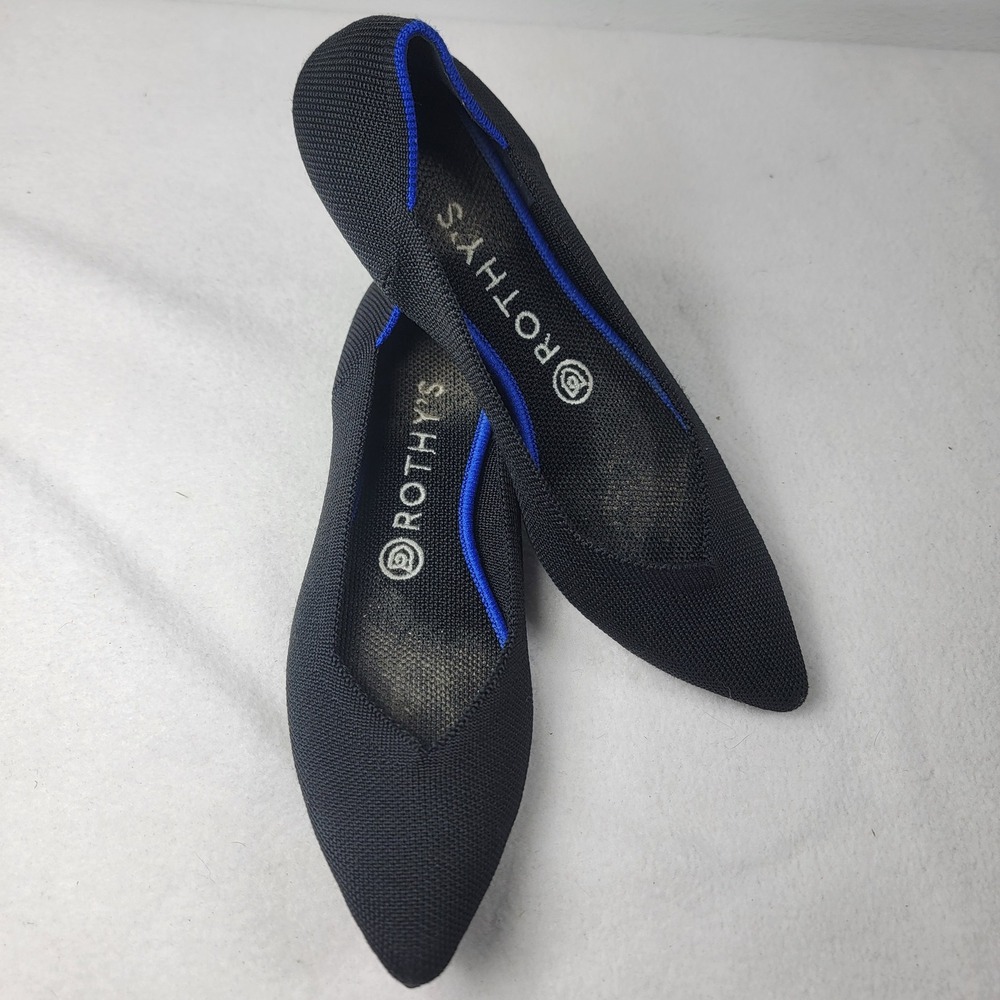 Rothys The Point Black Pointed Toe Flats Shoes Womens Size 8 Washable Woven Knit
